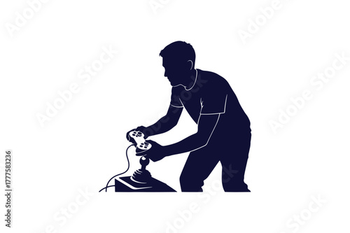 Single color silhouette of a gamer holding a joystick on white background
