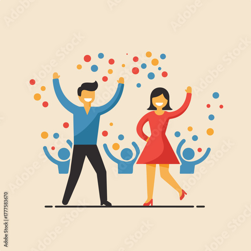 People dancing under confetti, celebrating together. Suitable for festive event invitations, party promotions, or celebrations.