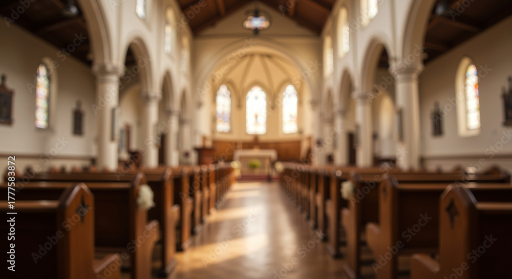 Fototapeta premium Blurred background of church interior looking down aisle. Empty wooden pews in religious sanctuary. Faith and spirituality concept