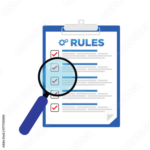 Company policy and compliance concept, magnifying glass examining checklist on document with rules and regulations vector illustration
