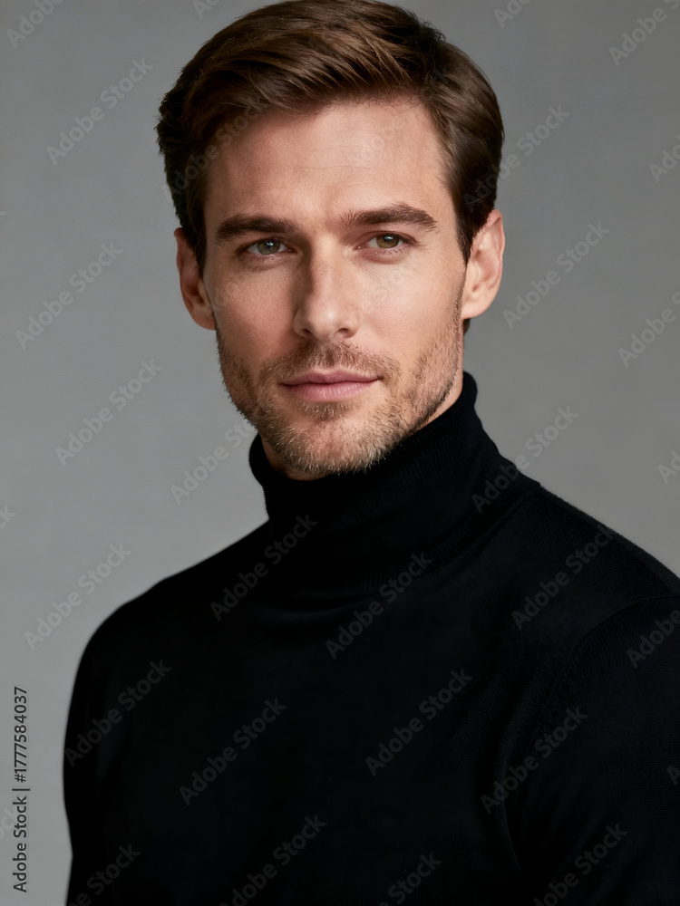 Obraz premium Studio Portrait of Man in Black Turtleneck on Gray Background