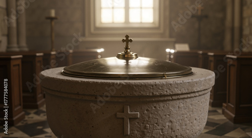 Close-up of stone baptismal font with brass cross lid inside church. Christian religion, faith, and sacrament concept