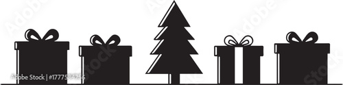 Simple black silhouette of a christmas tree surrounded by wrapped gift boxes on a white background