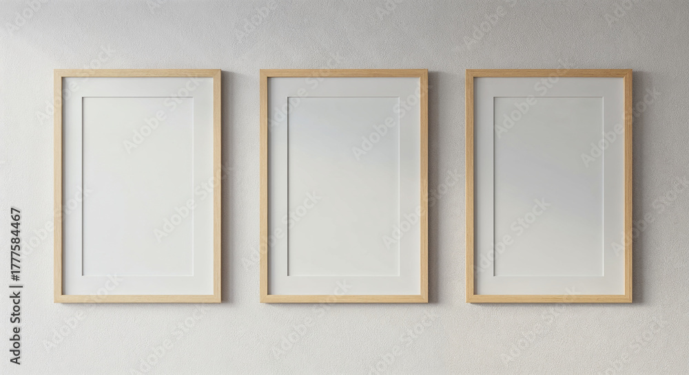 Fototapeta premium Three blank wooden picture frames on a textured wall blank frames empty frames