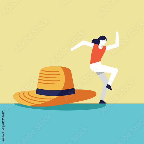 Lady dancing next to an orange summer hat on a colorful ground, suitable for summerthemed designs, music events, fashion blogs, and lifestyle content.