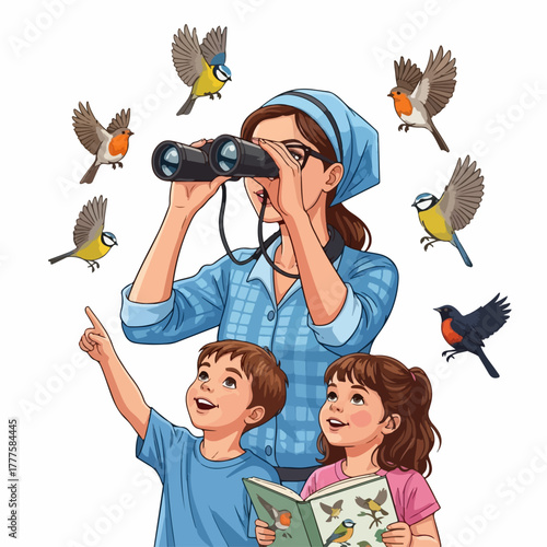 Observing birds with binoculars, family enjoys birdwatching, surrounded by flying European robins and Eurasian blue tits. Family bird watching is a joyful activity to connect with nature.