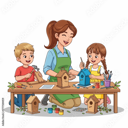 Engaging children in crafting birdhouses at home, children crafting birdhouses with their mother is enjoyable and educational. Making wooden birdhouses is fun, children discover new skills,