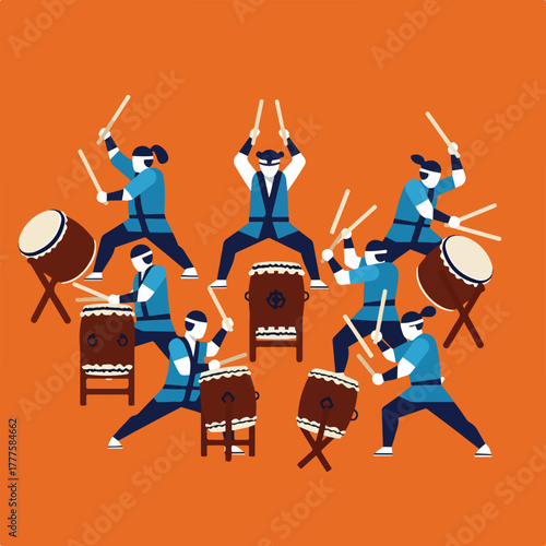 Intense group performance of japanese taiko drums. Cultural events, music promotion, asian traditions, teamwork, dynamic entertainment, energetic performances.