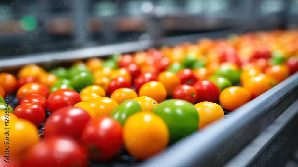 Vibrant tomatoes and peppers sorted on a factory belt, industrial efficiency in food processing, supply chain dynamics in vegetable sorting, manufacturing innovation in quality con