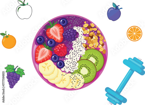 Healthy fruit bowl illustration with berries, kiwi, banana, granola, chia seeds, yogurt base, surrounded by fruits and dumbbell for fitness nutrition design