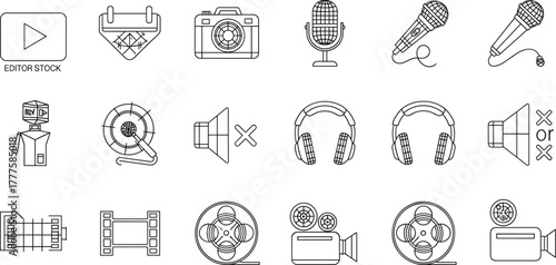 Media and communication icons, audio and video line symbols, film, music, podcast, editing, recording, entertainment, production, multimedia vector design set
