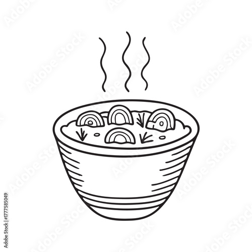 Clay bowl filled with onion-based stew mixed with herbs