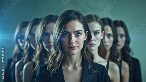 Woman surrounded by multiple reflections of herself, expressing emotion and inner conflict. Great for mental health awareness, psychological thrillers, fashion editorials, and artistic visuals.
