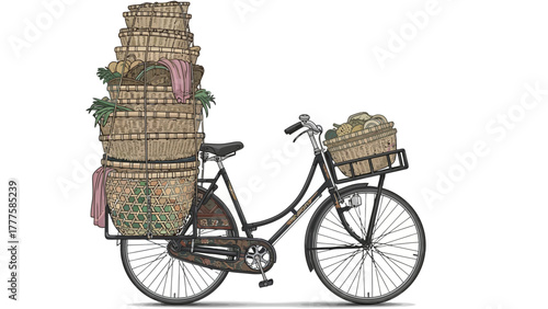 A bicycle loaded with stacked baskets and a front basket of produce