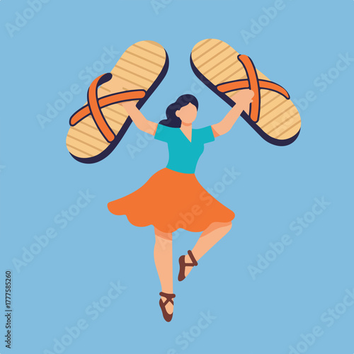 Woman dances with giant flipflops suitable for summer vacation, beach or footwearrelated concepts. Cheerful, energetic, and vibrant image ideal for advertising.