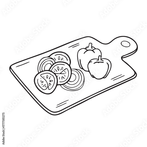 Cutting board arranged with chopped onions peppers and tomatoes