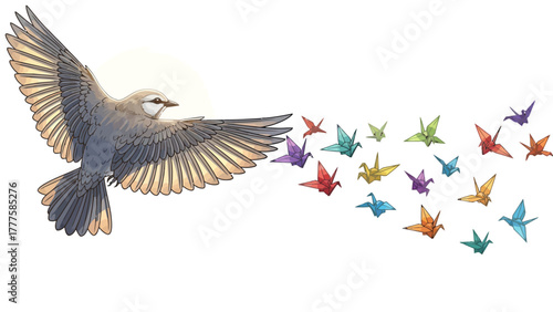A bird flies with colorful origami cranes trailing behind it