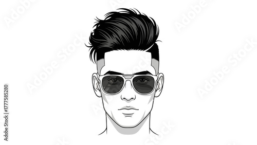A black and white illustration of a man with sunglasses and a stylish haircut