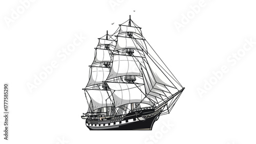 A black and white drawing of a large sailing ship with many white sails