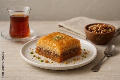 A realistic photograph of traditional baklava served on a white plate with tea and nuts in a calm, natural light setting, showcasing authentic textures and warm tones.