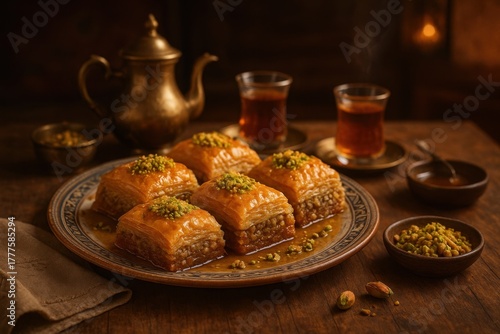 Traditional Middle Eastern dessert baklava served on a ceramic plate with pistachios, honey, and tea in a warm, cozy setting. The image captures rich textures, golden tones, and an atmosphere of hospi
