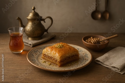 A beautifully lit traditional dessert scene featuring a piece of baklava on a decorative ceramic plate with tea, nuts, and a brass teapot, captured in soft natural light on a rustic wooden table.