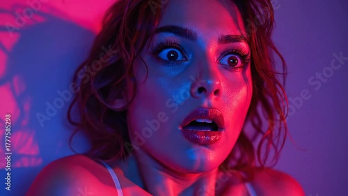 Dramatic close-up of a woman’s face illuminated by vivid red and blue lighting. Ideal for music videos, cyberpunk themes, fashion commercials, and psychological storytelling.
