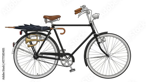 A black bicycle with a brown leather saddle and handlebars carrying an umbrella and a brass horn