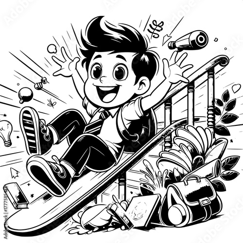 Black and White Vector Silhouette of Boy Balancing on Railing