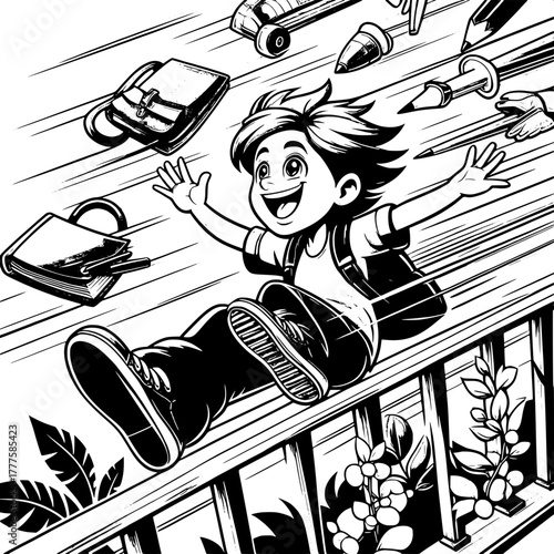 Black and White Vector Silhouette of Boy Balancing on Railing