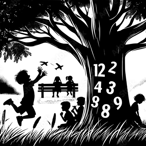 Black and White Vector Silhouette of Boys Jumping in Rain Puddles