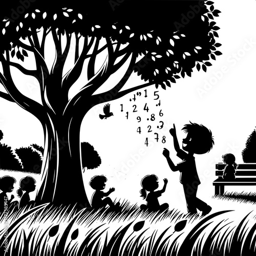 Black and White Vector Silhouette of Boys Jumping in Rain Puddles