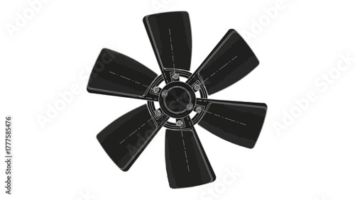 A black fan with six blades on a white background