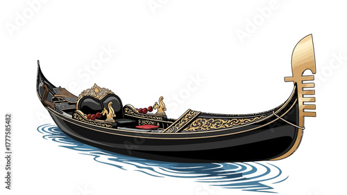 A black gondola with ornate gold accents and red cushions in water