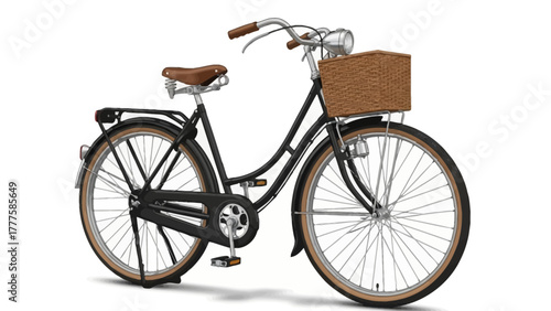 A black retro bicycle with a wicker basket