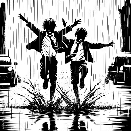 Black and White Vector Silhouette of Boys Playing Hide and Seek