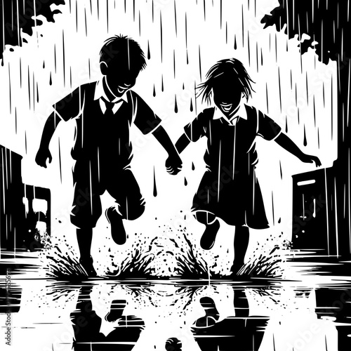 Black and White Vector Silhouette of Boys Playing Hide and Seek