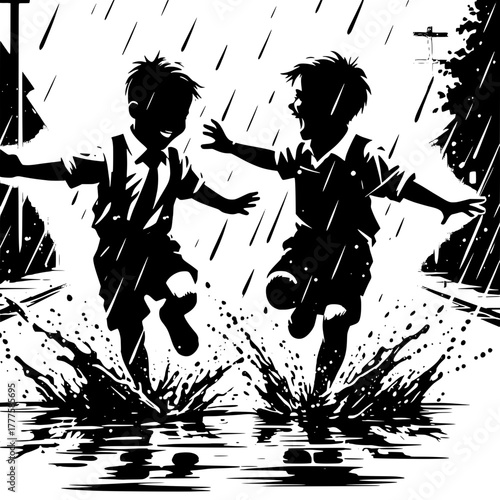 Black and White Vector Silhouette of Boys Playing Hide and Seek