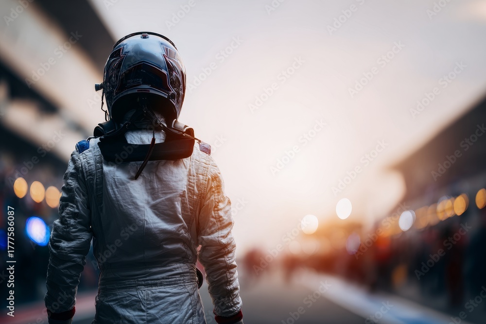 Obraz premium Formula one racing driver preparing for competition on track with space for banner copy