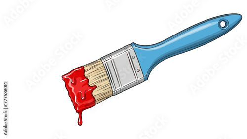 A bluehandled paintbrush is loaded with red paint which is dripping off the bristles