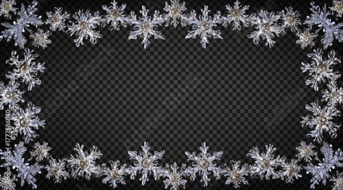 Vector snowflake border frame isolated on transparent background. Concept of winter decoration, Christmas and New Year holidays.