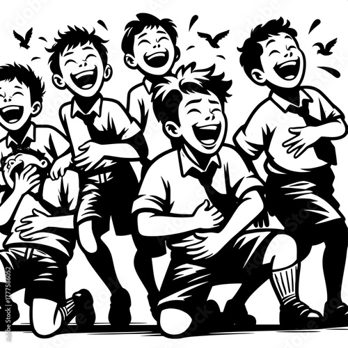 Black and White Vector Silhouette of Kids Flying Paper Airplanes