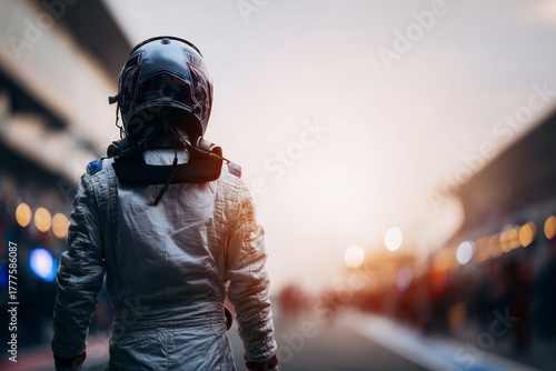 Formula one racing driver preparing for competition on track with space for banner copy