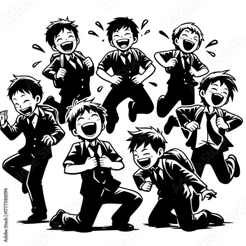 Black and White Vector Silhouette of Kids Flying Paper Airplanes