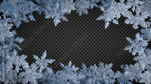 Vector snowflake border frame isolated on transparent background. Concept of winter decoration, Christmas and New Year holidays.