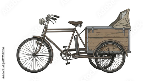 A brown cargo tricycle with a wooden box and canvas cover