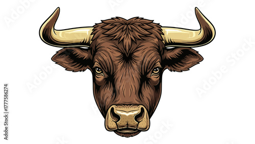 A brown bulls head with curved horns