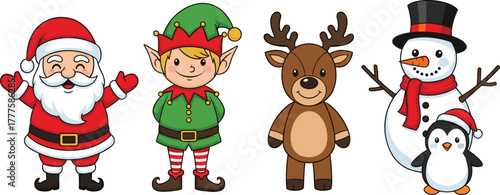 Cartoon Christmas characters illustration with Santa Claus, elf, reindeer, snowman, penguin, festive holiday artwork, cheerful seasonal design, winter celebration theme