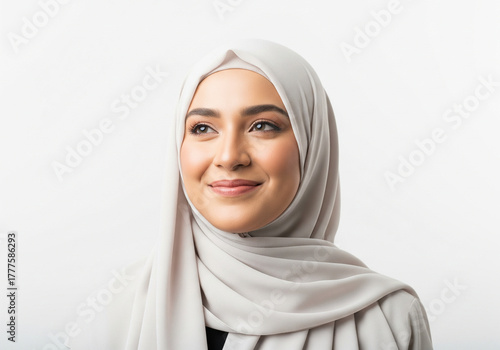 Portrait of a smiling young woman in a light beige hijab, looking aside with calm expression on a white background.