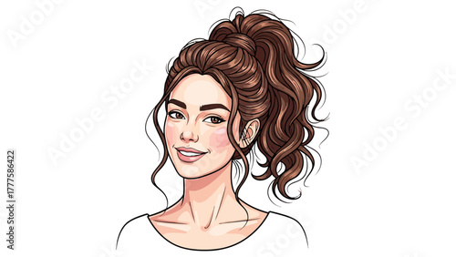 A cartoon illustration of a woman with brown hair in a ponytail
